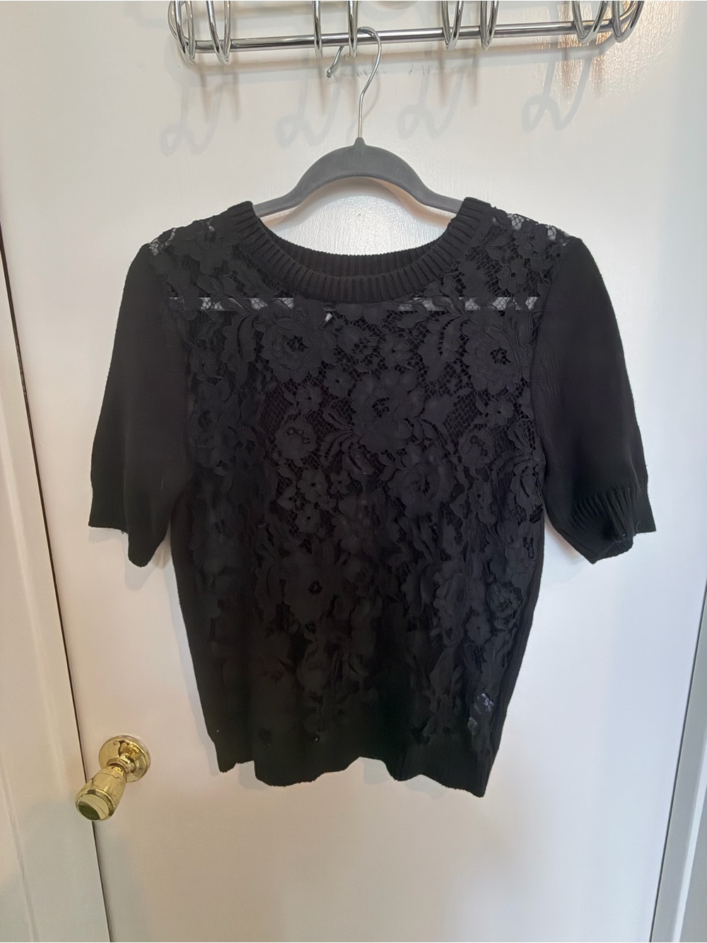 DKNY Black Floral Lace Front Short Sleeve Sweater